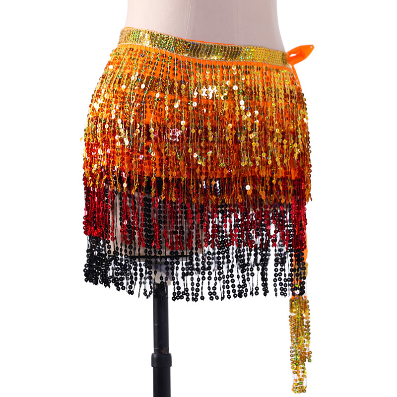 Sequins 4 layers colors belly dance hip scarf skirt with paillette tassel for halloween christmas New Year Party Y1018